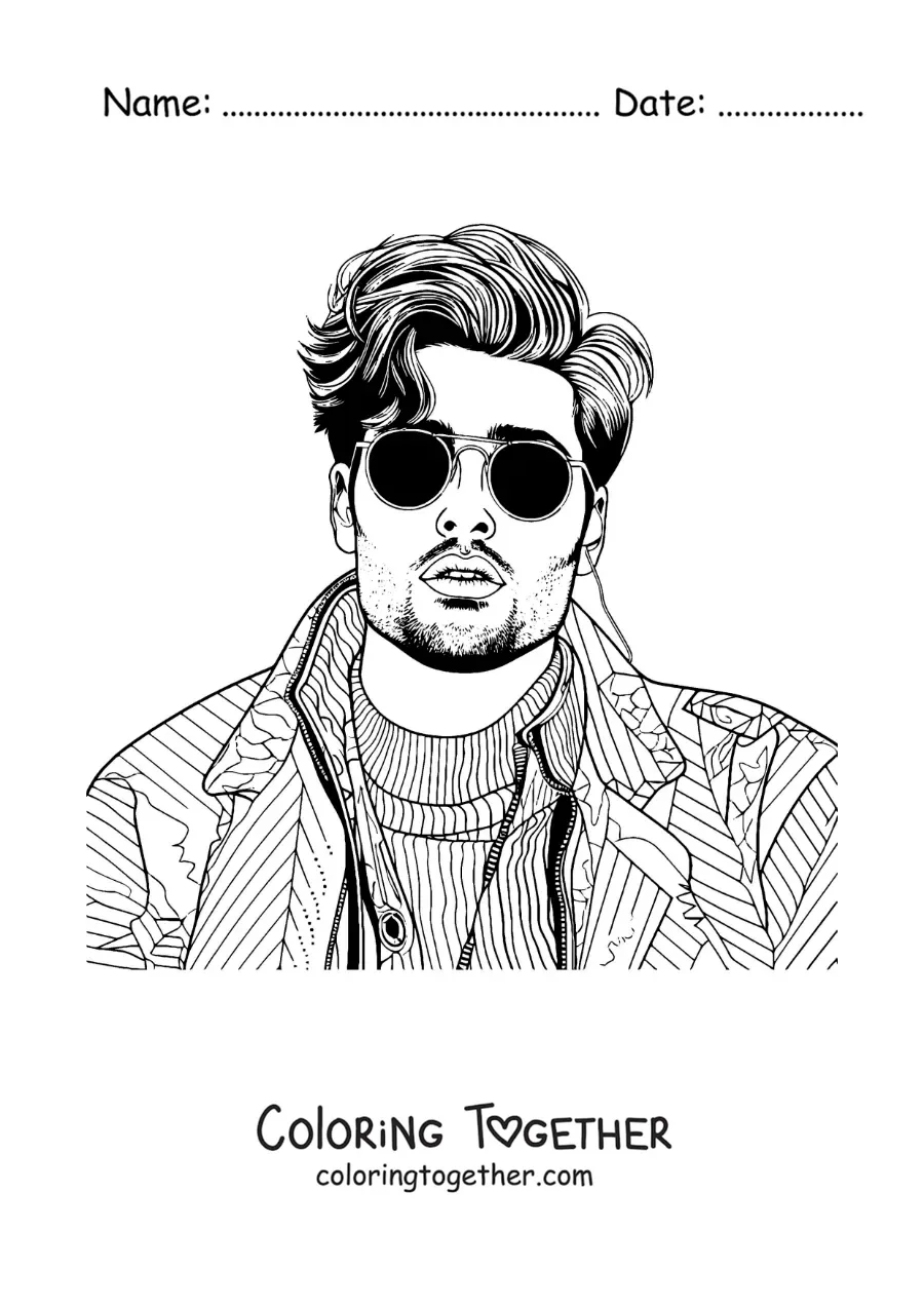 Coloring page of Sebastian Yatra with sunglasses