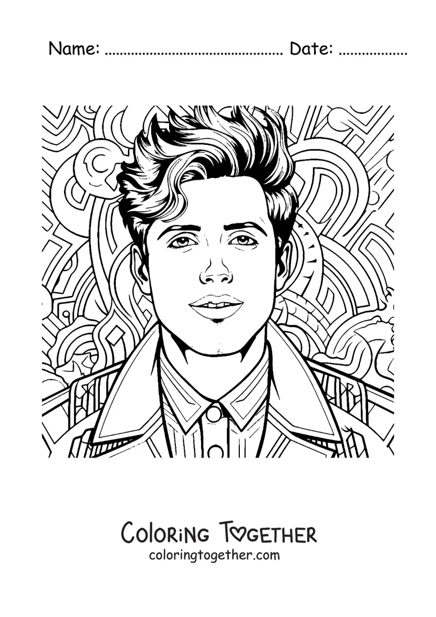Coloring page of Sebastian Yatra in cartoon style with a doodle art background