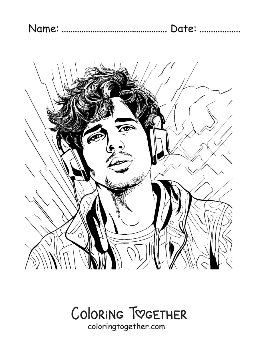 Coloring page of a portrait of Sebastian Yatra with headphones in a realistic style