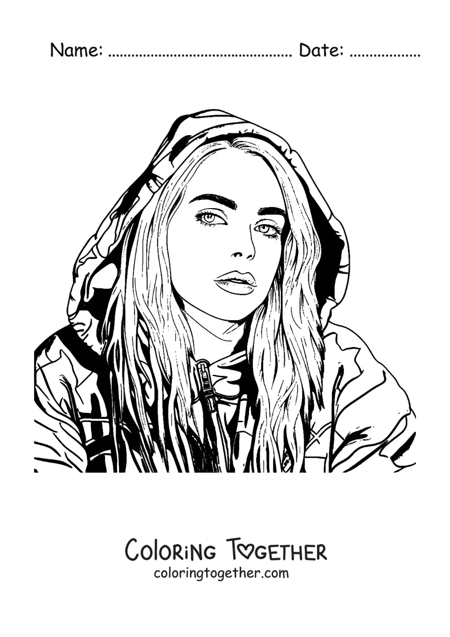 Coloring page of a portrait of Billie Eilish in a realistic style