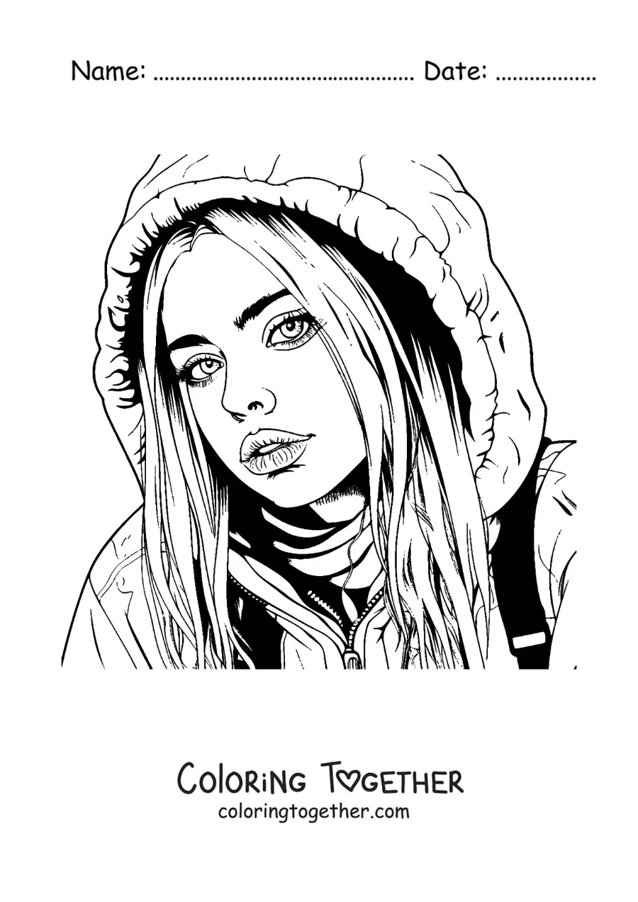 Coloring page of the singer Billie Eilish in a realistic style