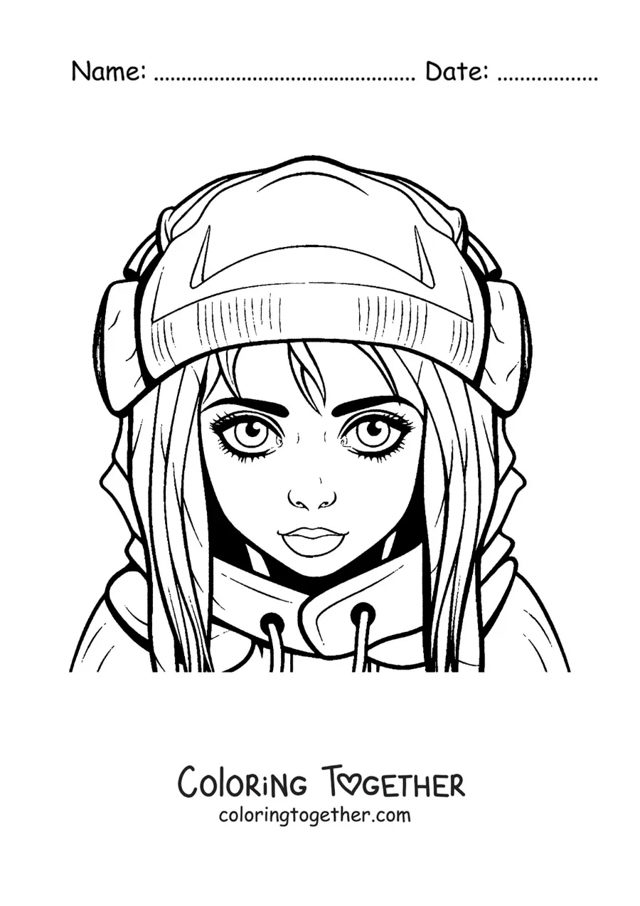 Coloring page of Billie Eilish in cartoon style