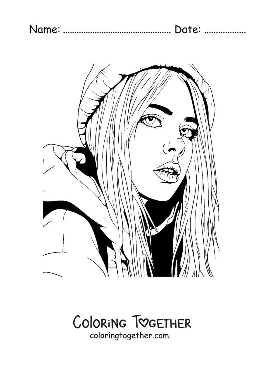 Coloring page of a portrait of an animated Billie Eilish