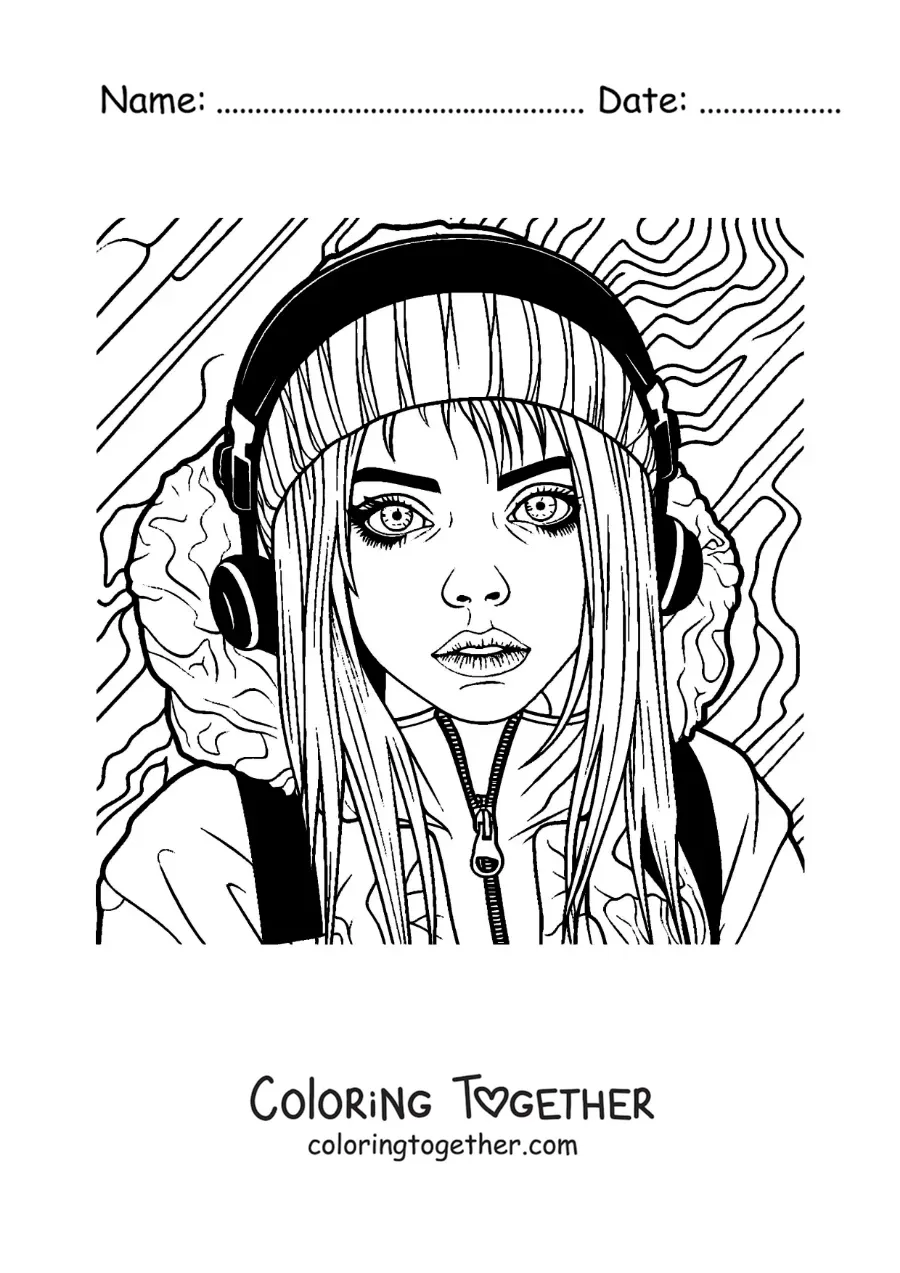 Coloring page of Billie Eilish in cartoon style