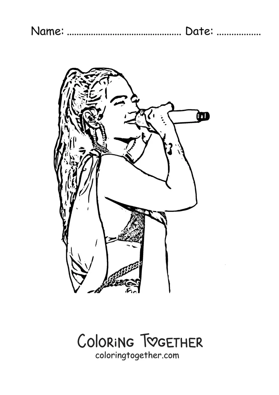 Coloring page of Karol G singing at a concert