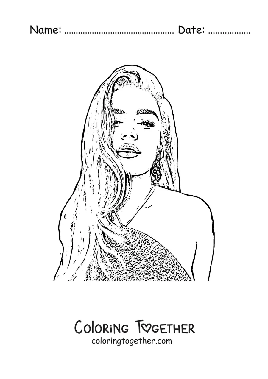 Coloring page of a portrait of Karol G in a realistic pencil style