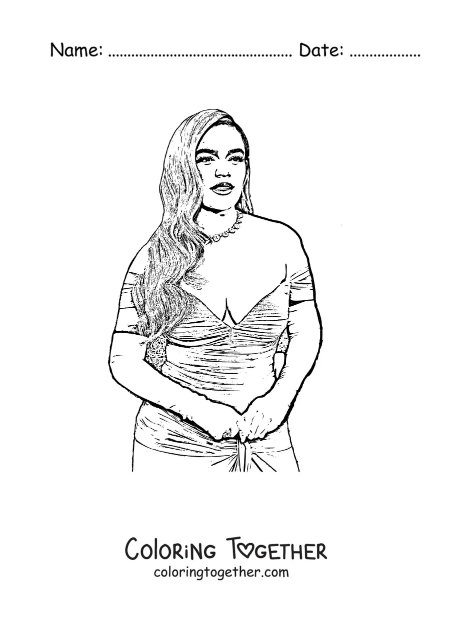 Coloring page of a pencil portrait of Karol G in a dress