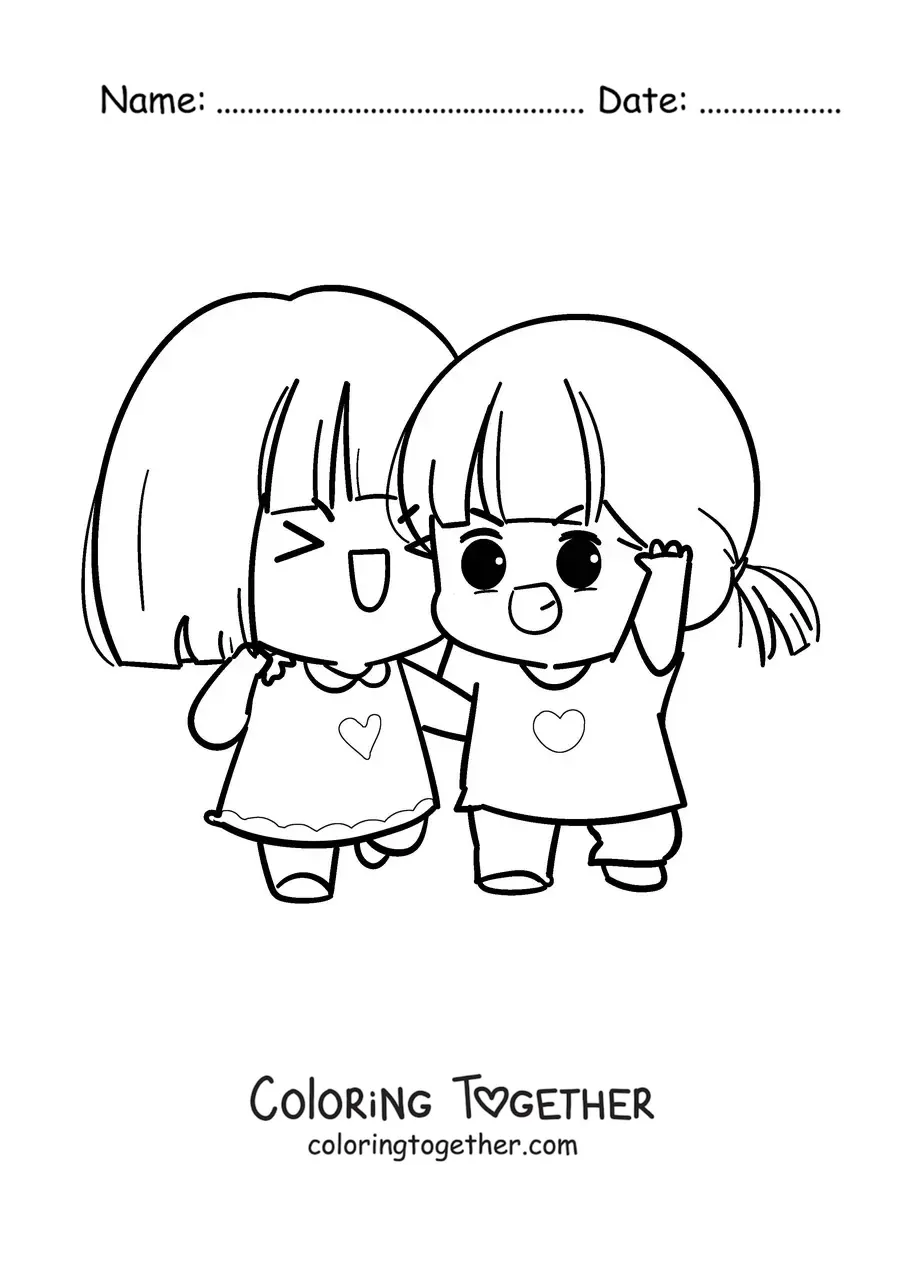 Coloring page of two kawaii girls smiling happily