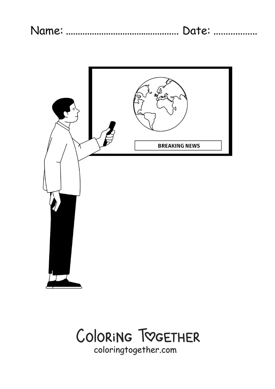 Coloring page of a man watching a news report on television