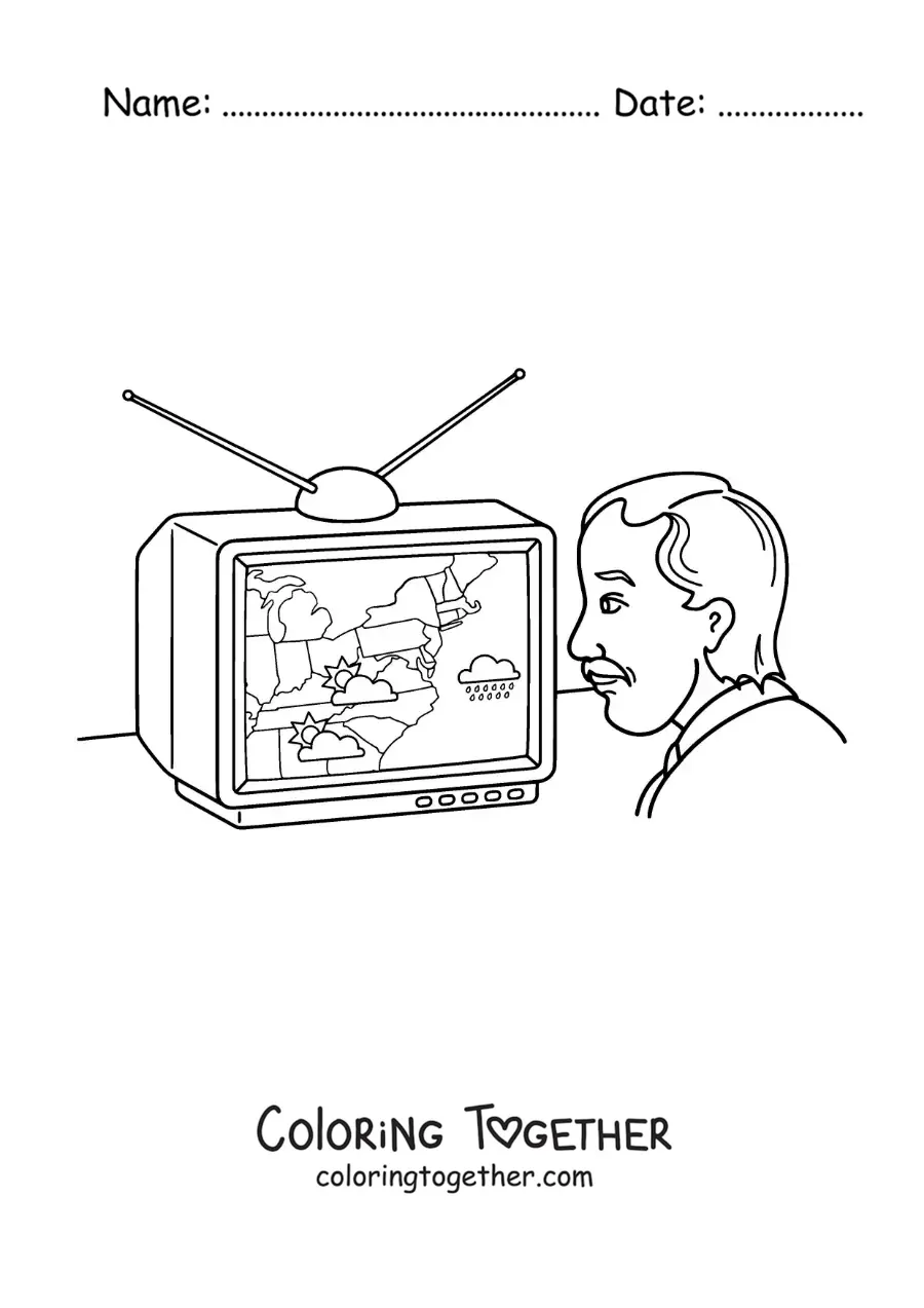 Coloring page of a man watching the weather forecast on television