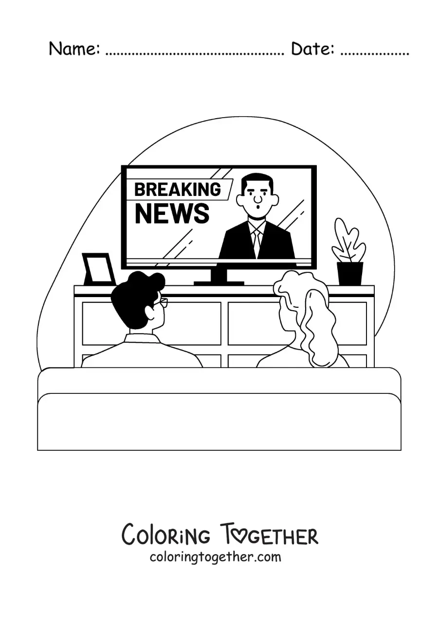 Coloring page of a girl and a boy watching the news on television