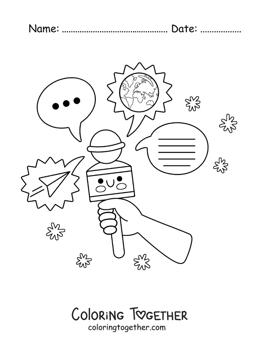 Coloring page of a cartoon microphone reporting the latest news to the world