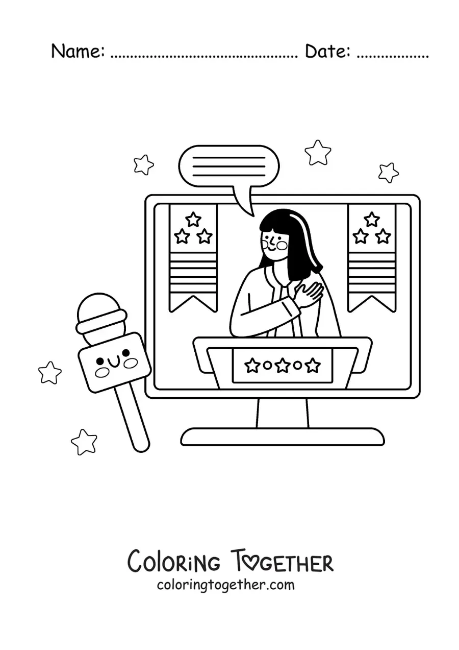 Coloring page of a news report on television and an animated microphone