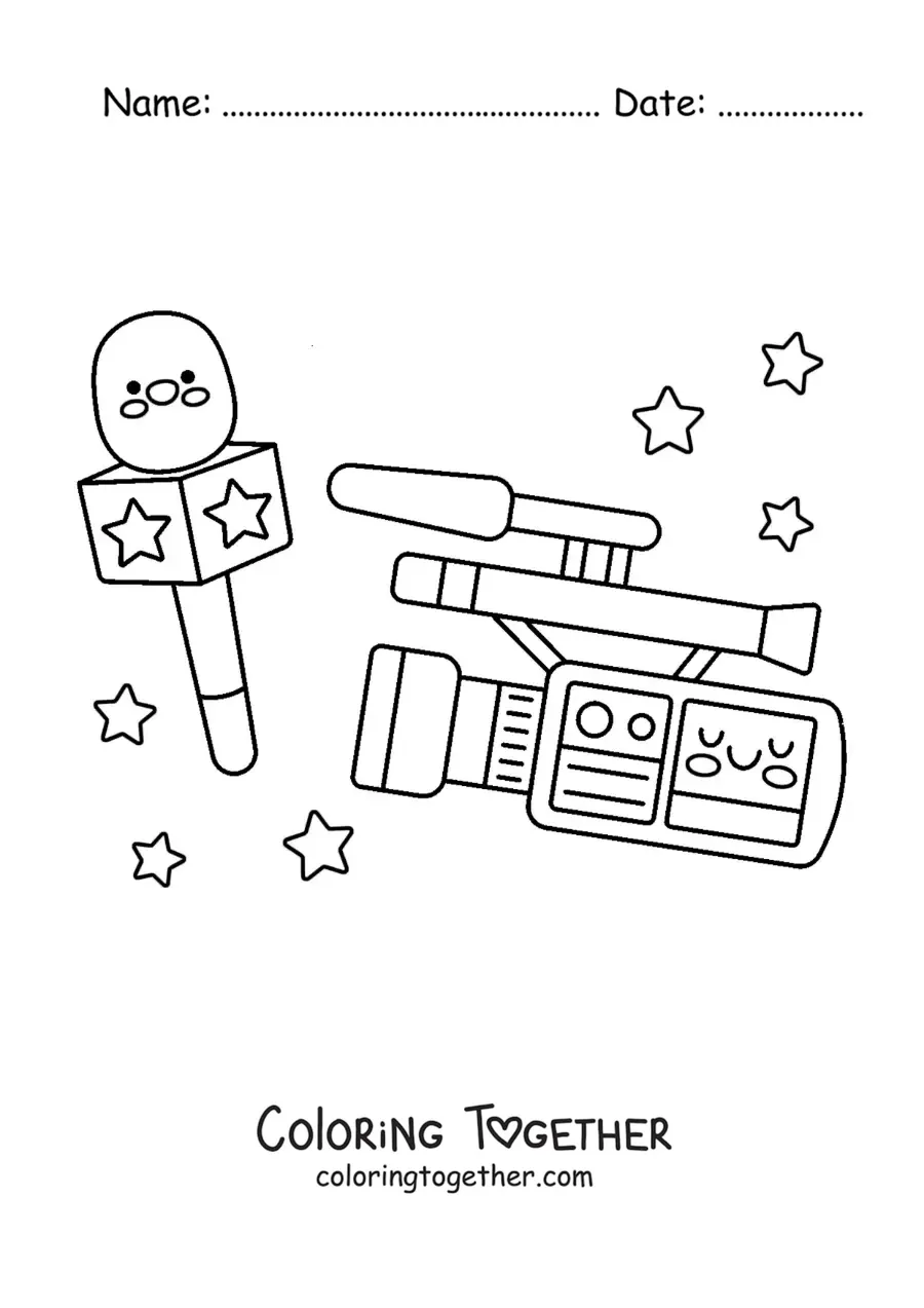 Coloring page of a camera and a microphone for journalism