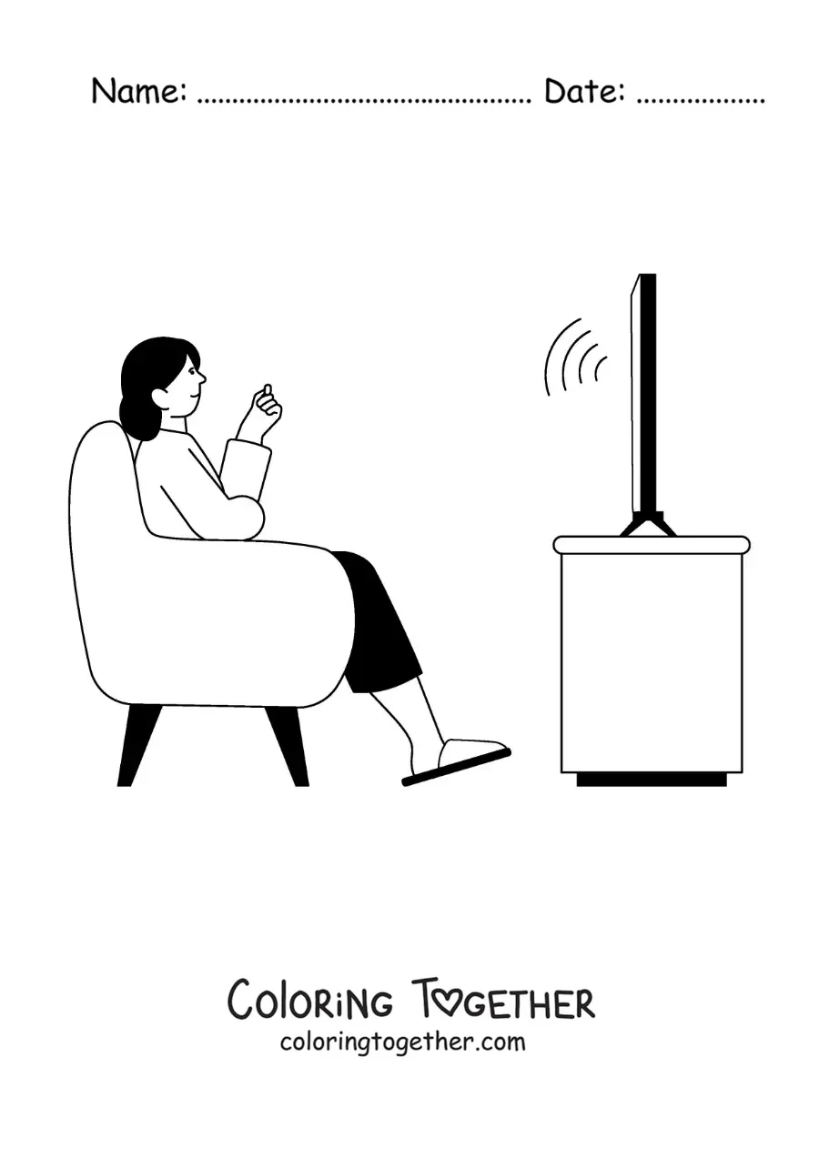 Coloring page of a woman watching the news channel on a television set