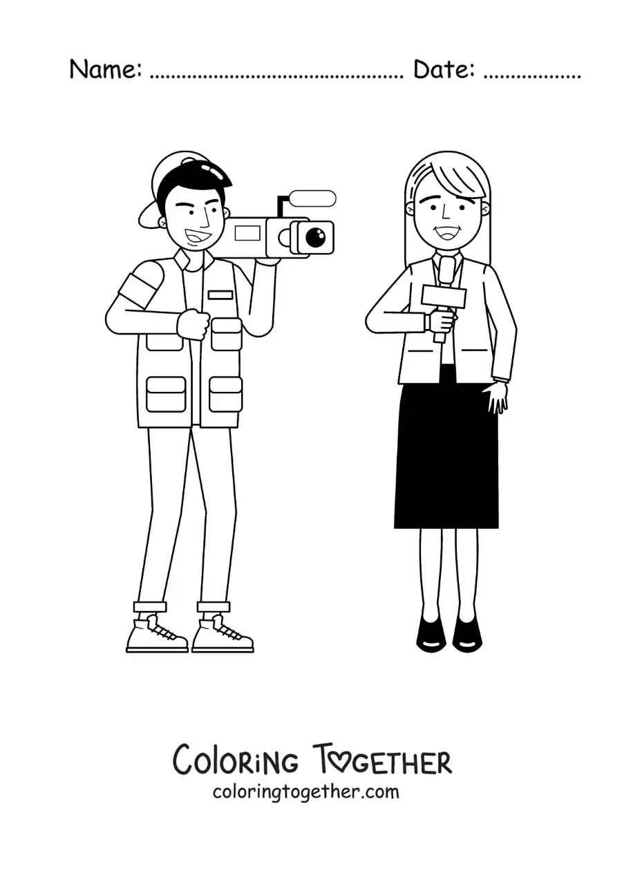 Coloring page of a cameraman and a journalist on a news report