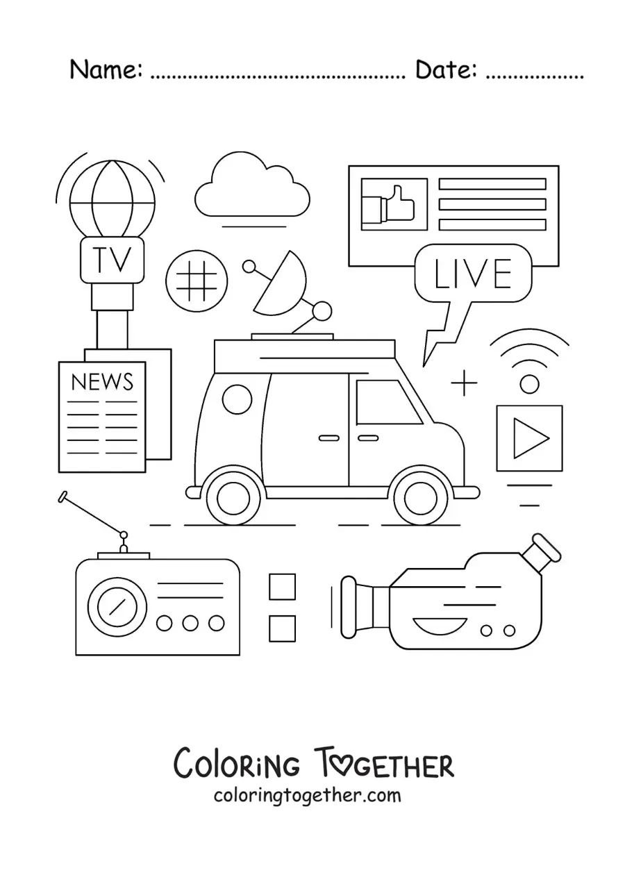 Coloring page of a television set, a microphone, a camera and other communication symbols