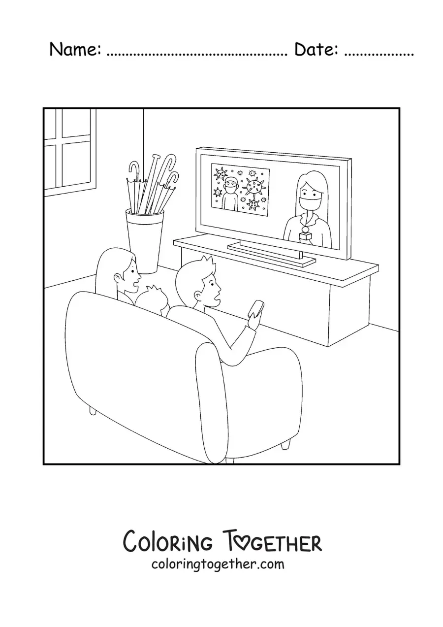 Coloring page of a family watching the news sitting in front of the television