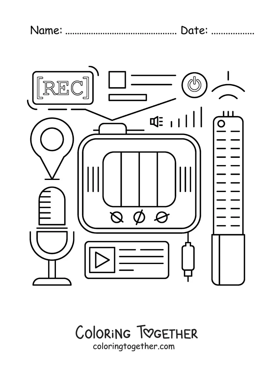 Coloring page of a television set, a microphone and ICT symbols