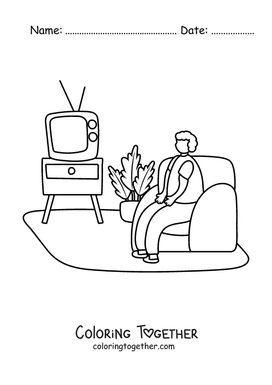Coloring page of a person watching television on the couch