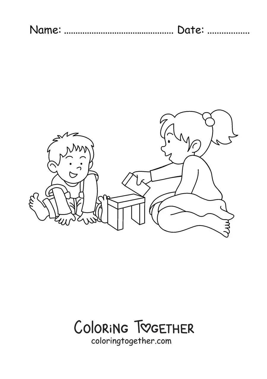 Coloring page of a girl sitting and playing with her little brother