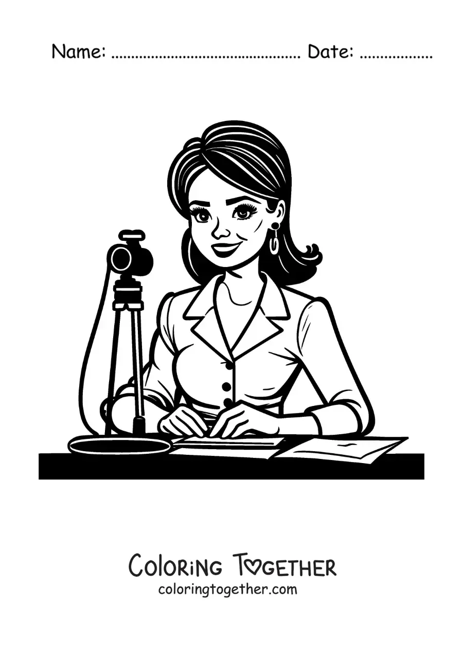 Coloring page of a journalist on television
