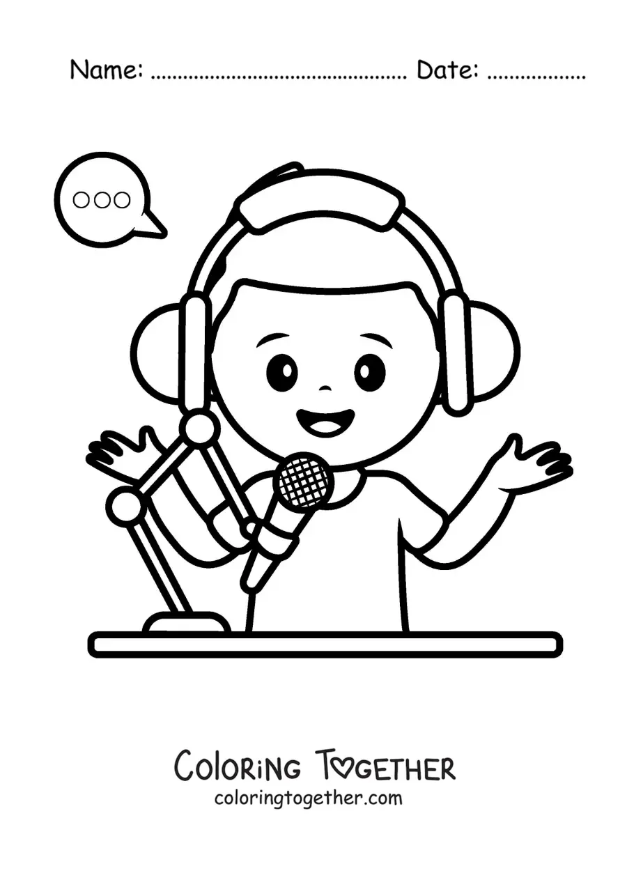 Coloring page of a boy speaking on a school radio station program