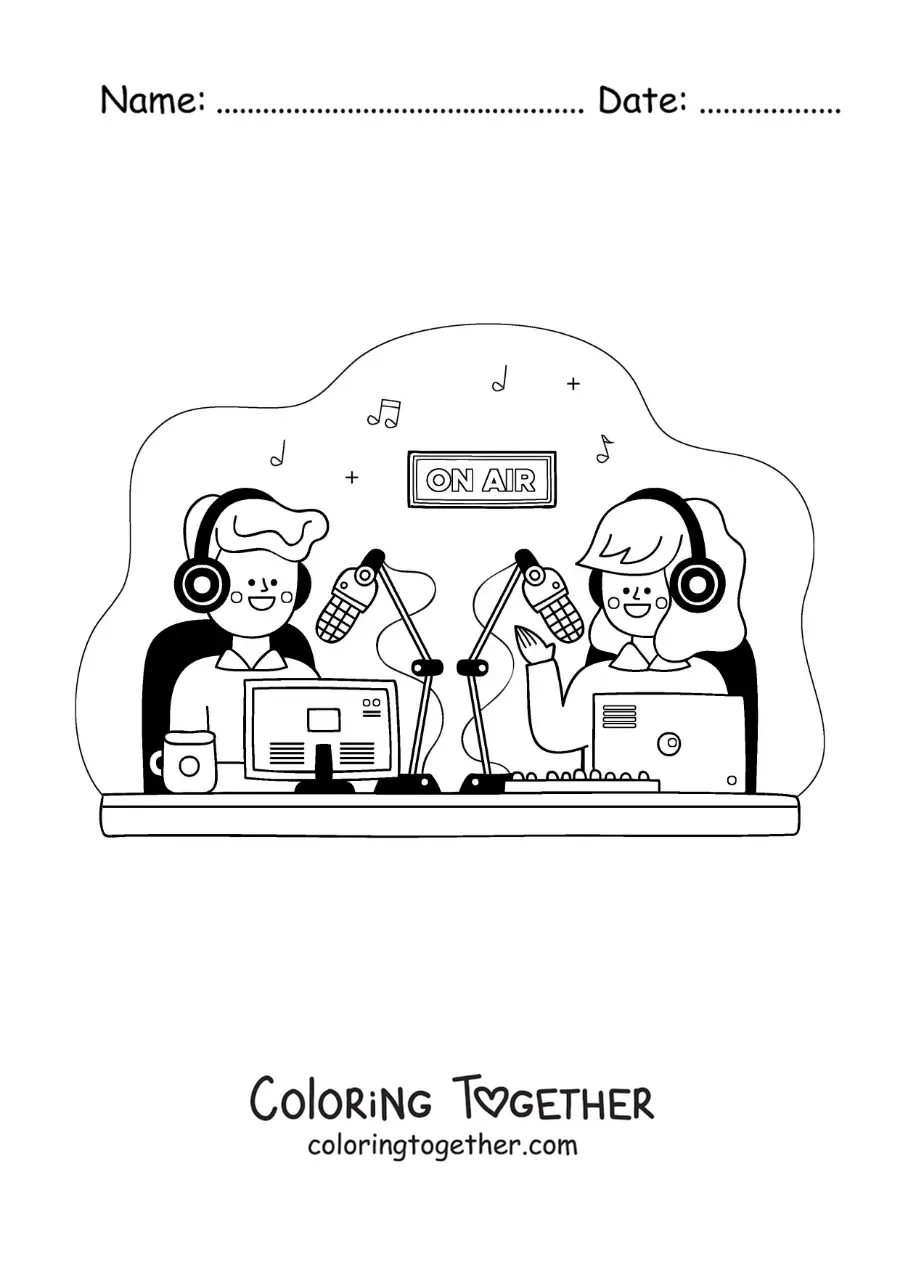 Coloring page of a girl and a boy recording a podcast