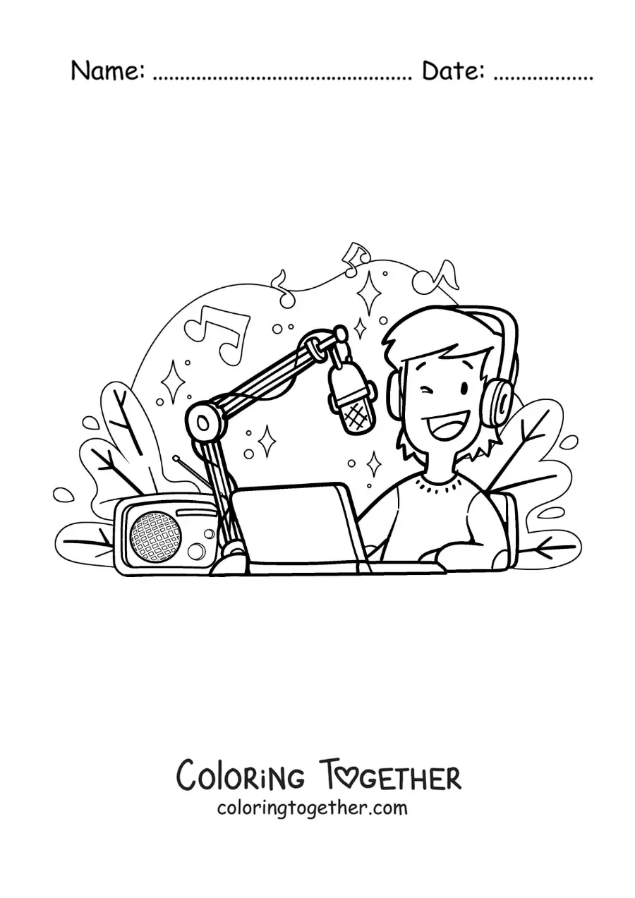 Coloring page of a young boy recording a radio program