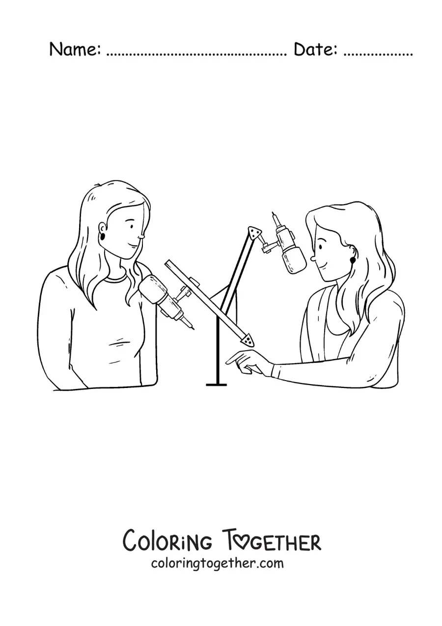 Coloring page of two women on a radio program