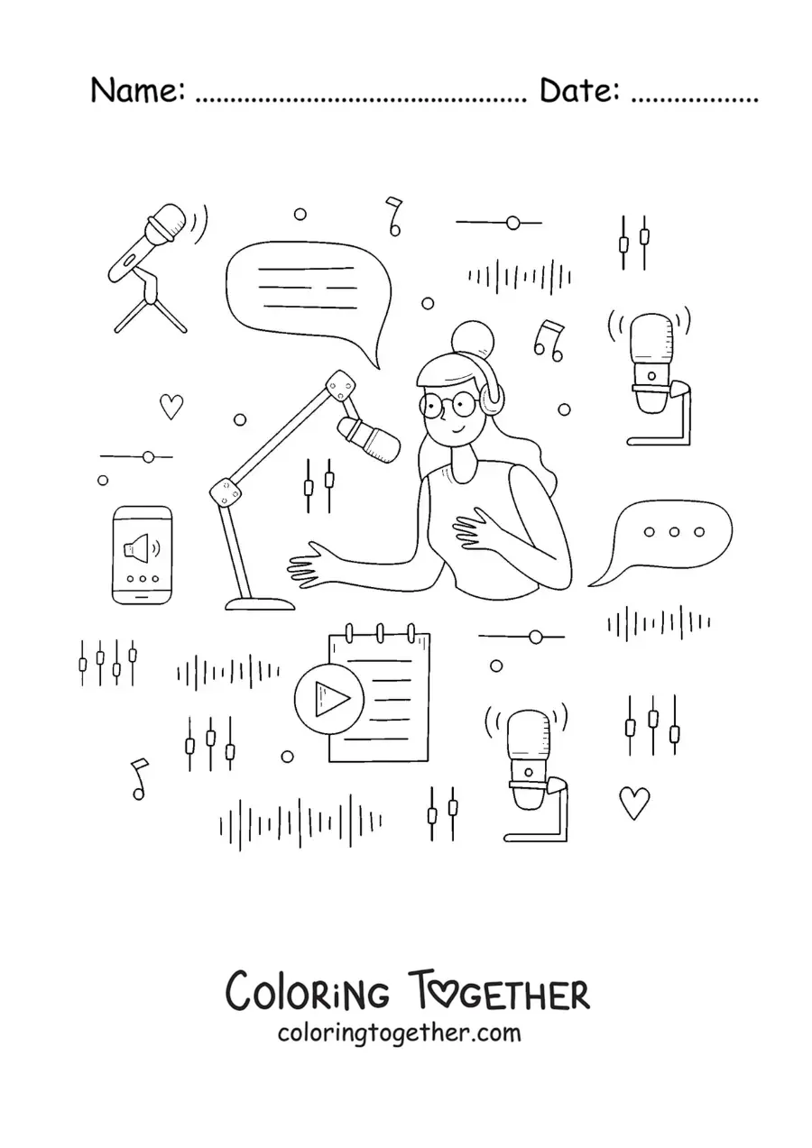 Coloring page of a girl recording a radio program that is broadcast all over the world