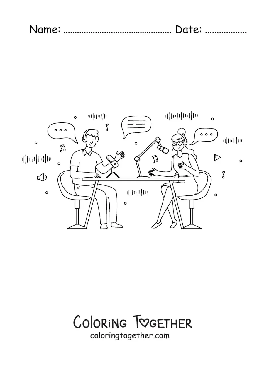 Coloring page of a man and a woman recording a podcast