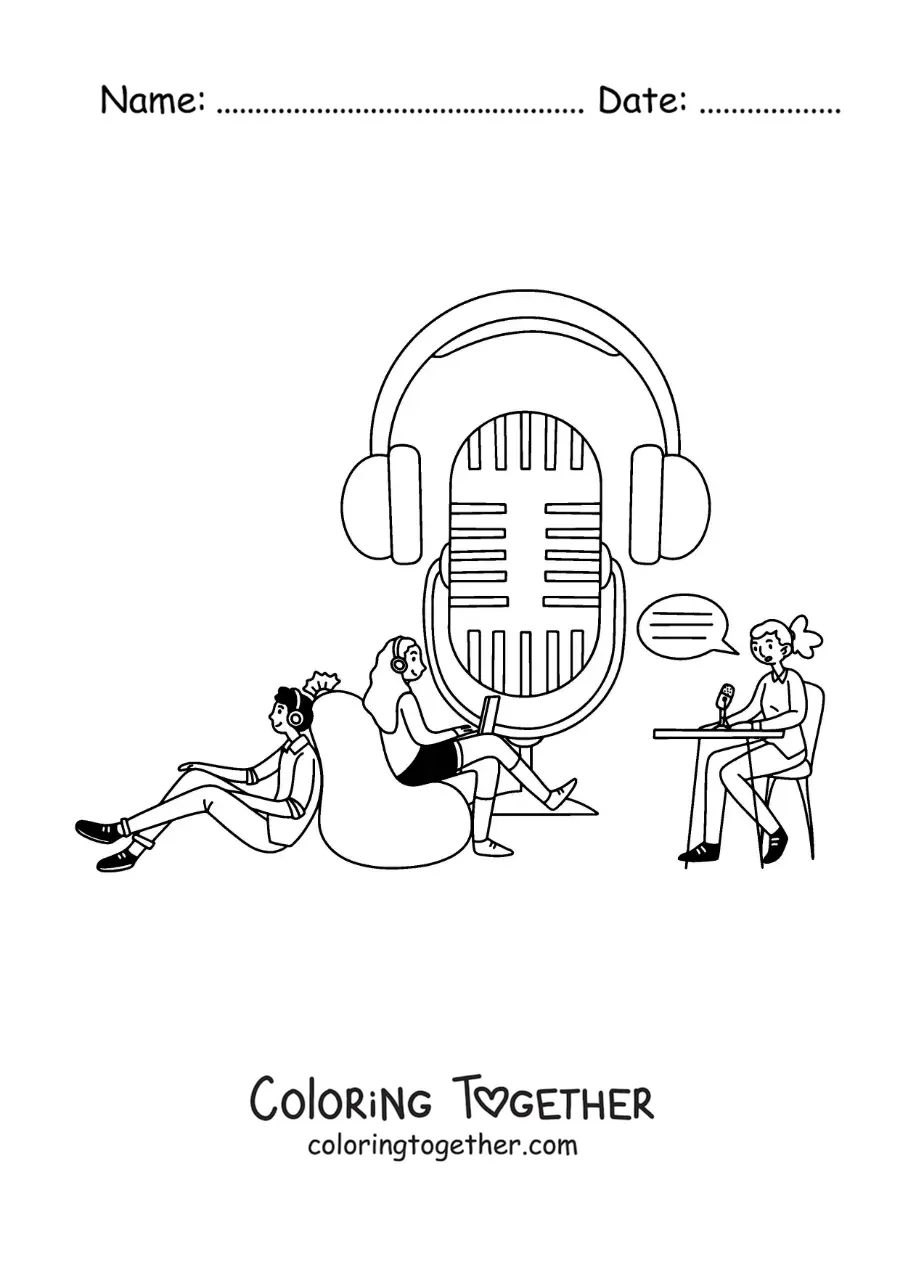 Coloring page of a radio microphone with a girl recording a program and two boys sitting and listening