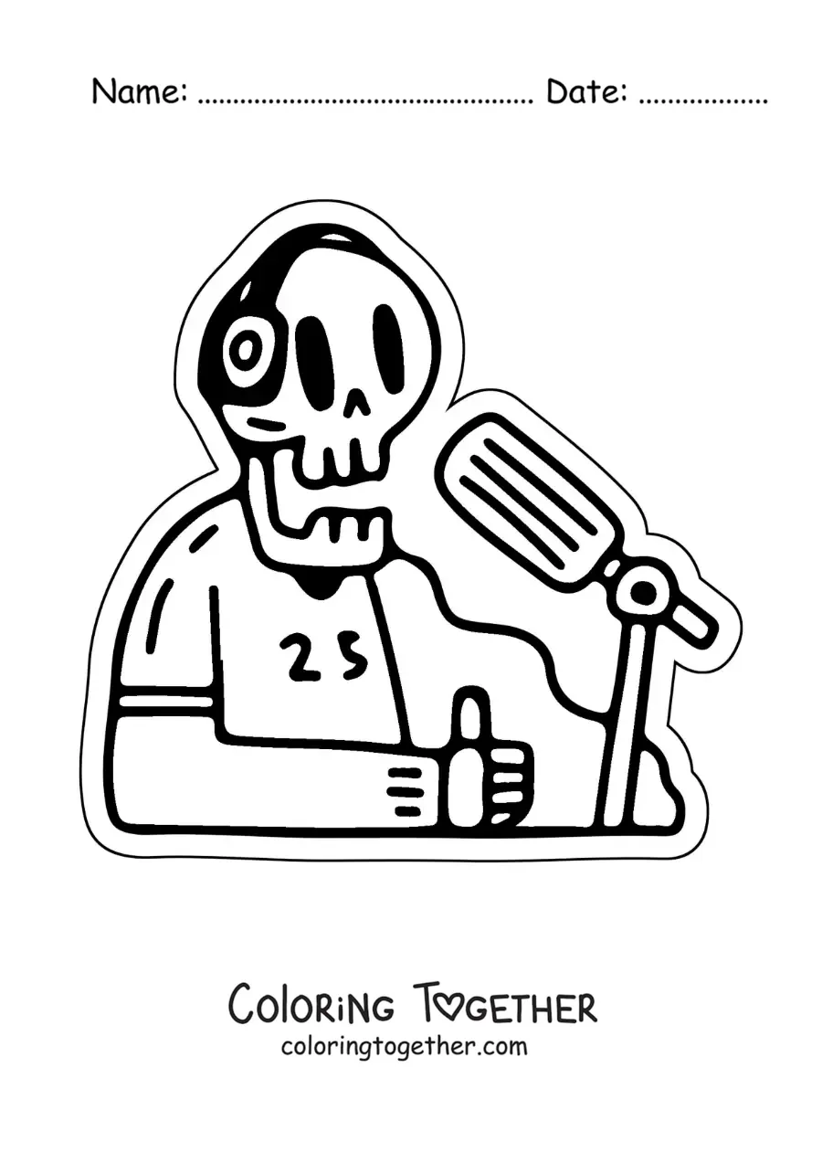 Coloring page of an animated skeleton on a radio program