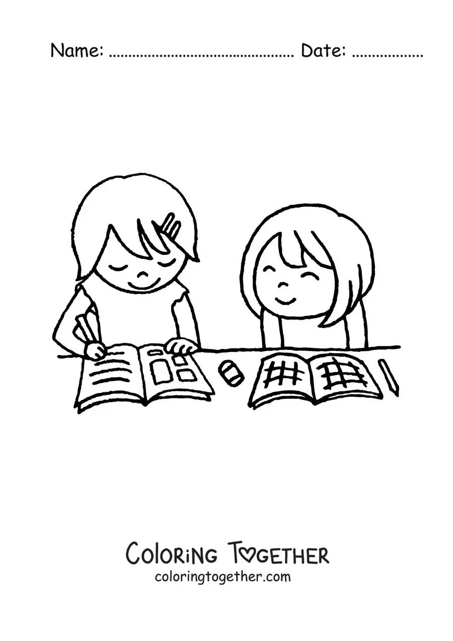 Coloring page of two girls doing their schoolwork