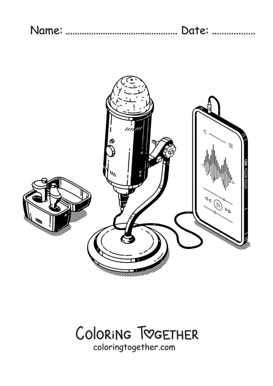 Coloring page of a microphone connected to a phone recording audio for a podcast