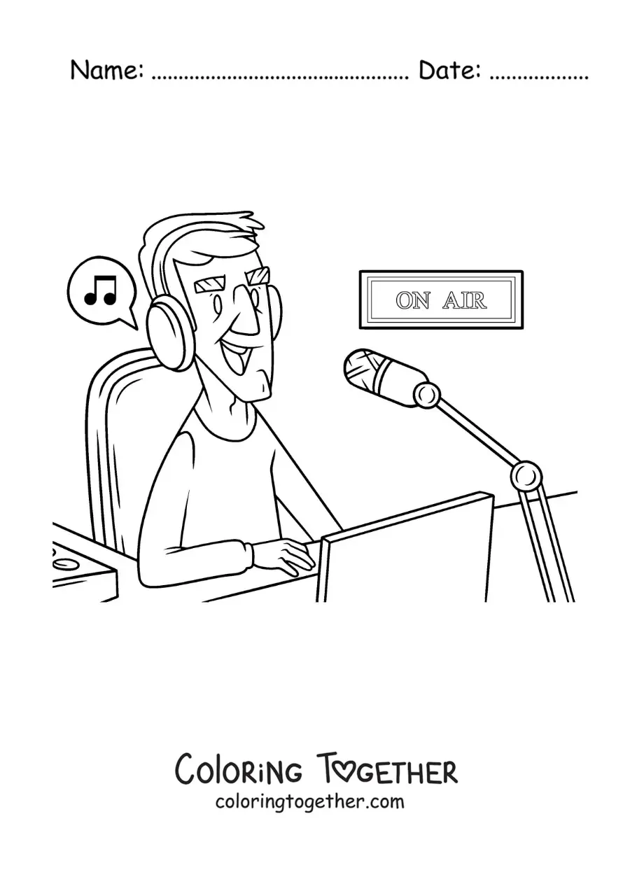 Coloring page of a host on a radio music program