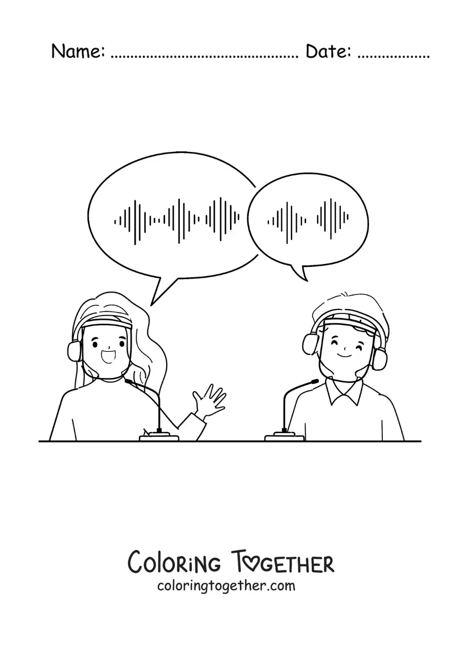 Coloring page of two announcers narrating the news on the radio