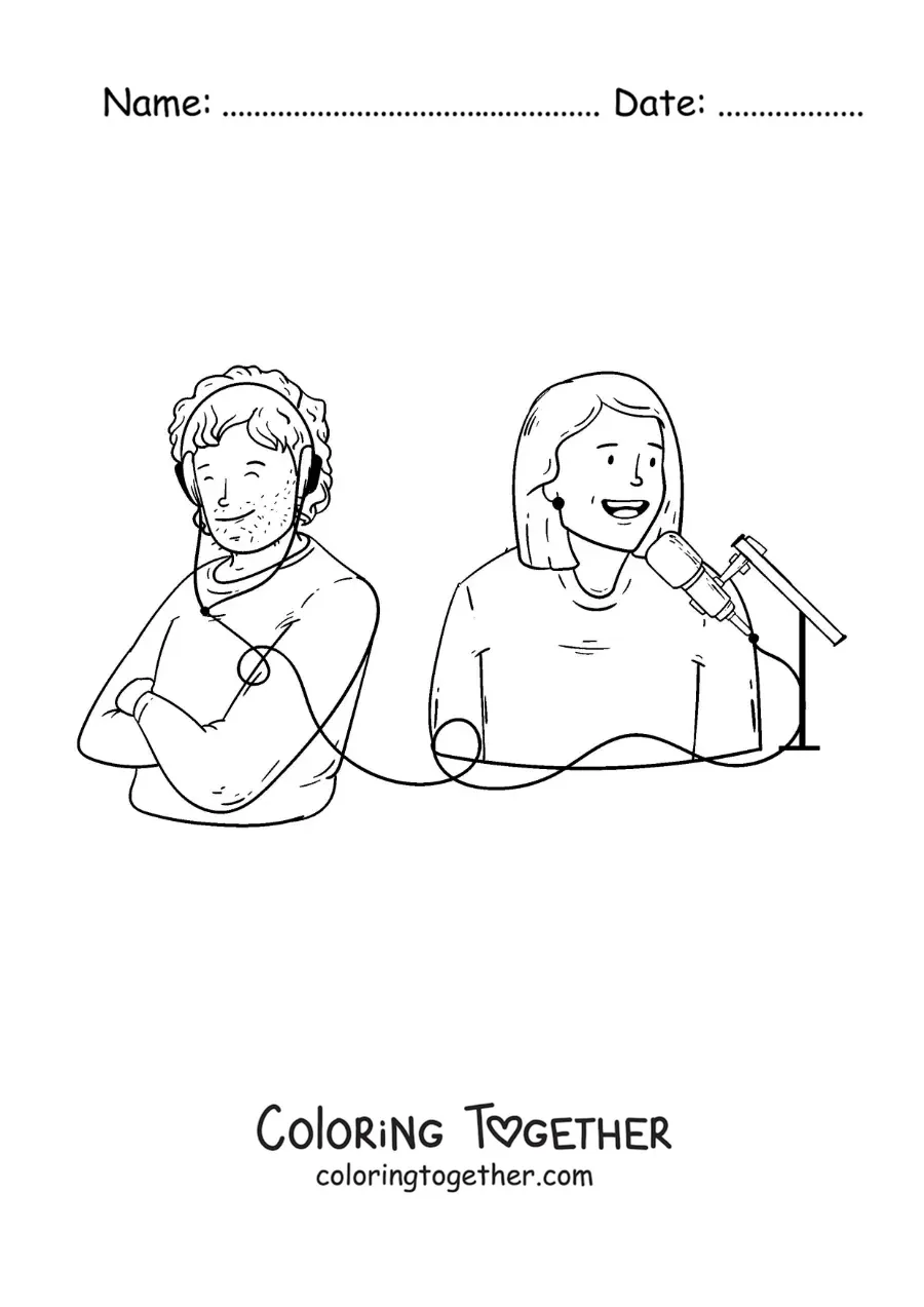Coloring page of a radio announcer and a radio listener