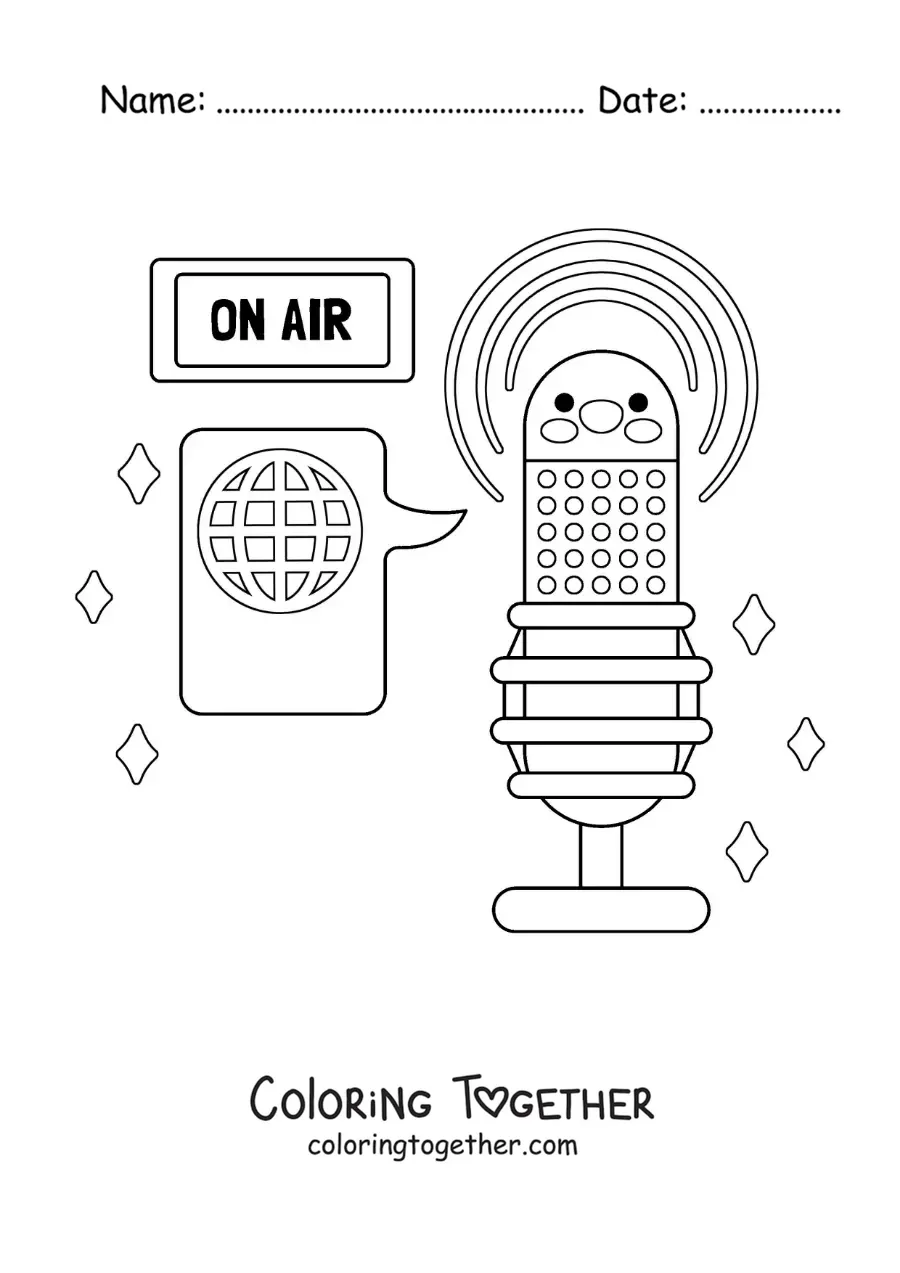Coloring page of an animated radio microphone on the air