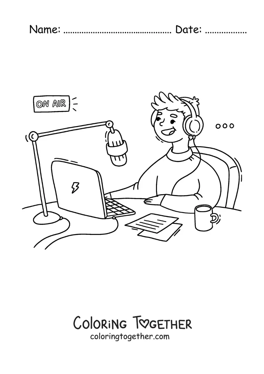 Coloring page of a young man on the air recording a podcast