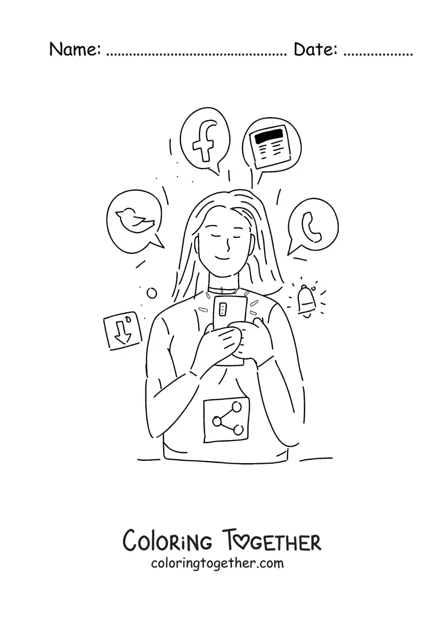 Coloring page of a girl checking social media on her phone