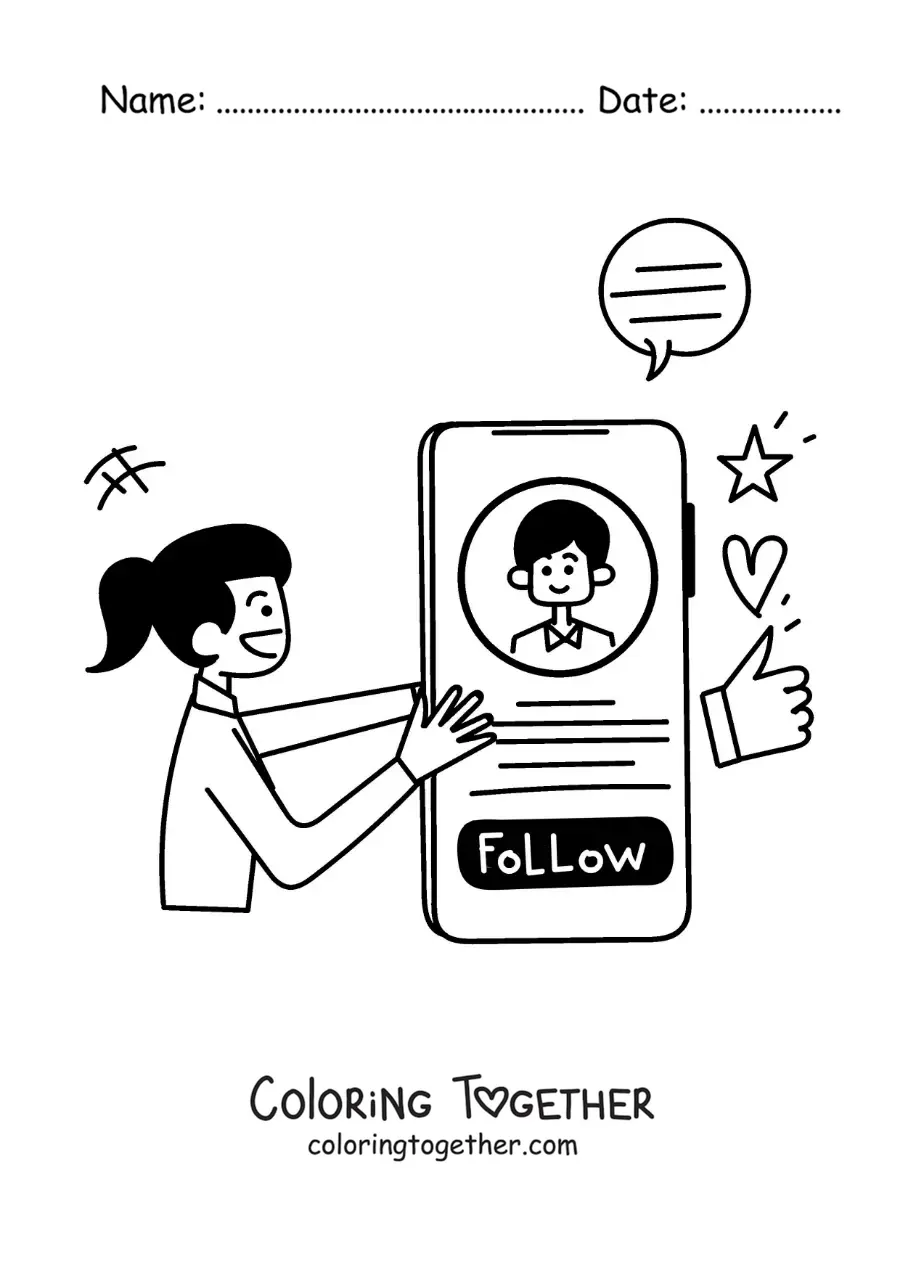 Coloring page of a girl following a boy on social media