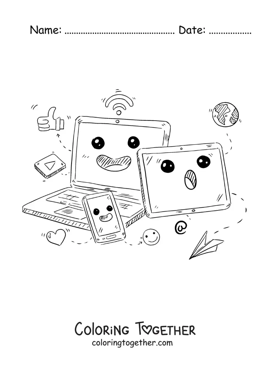 Coloring page of a kawaii laptop, phone and tablet connected to the internet