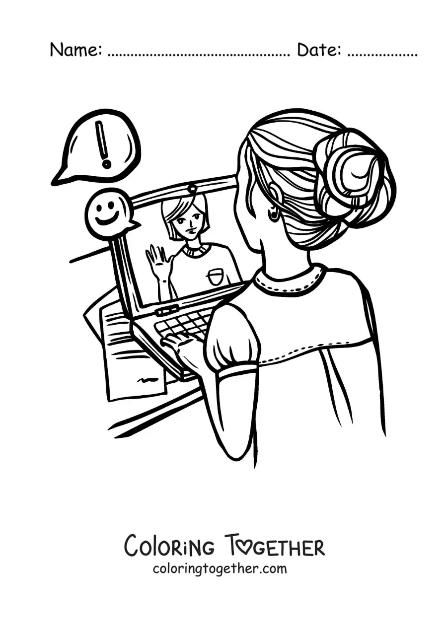 Coloring page of a girl on a video call from her laptop