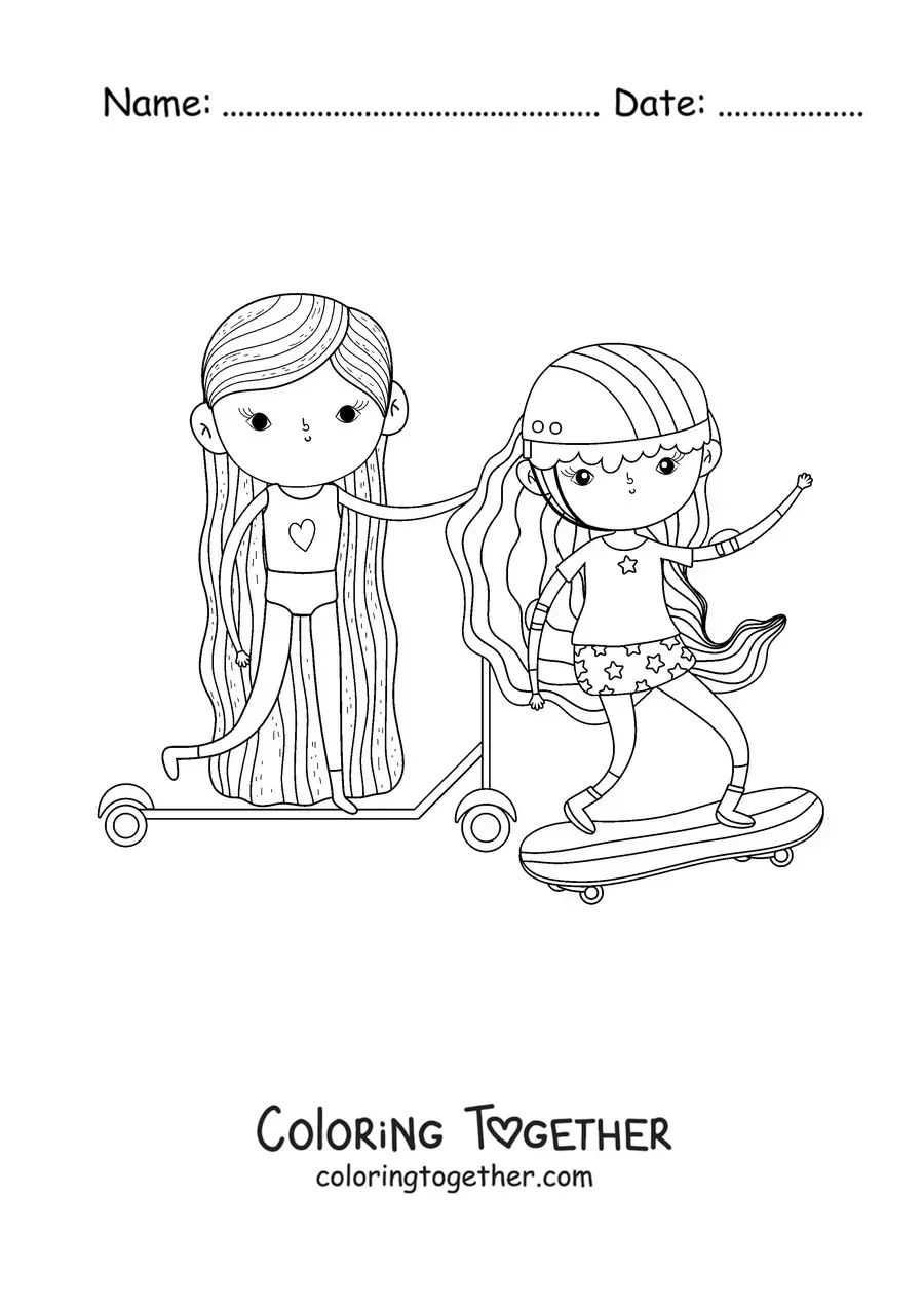 Coloring page of two girls on roller skates exercising