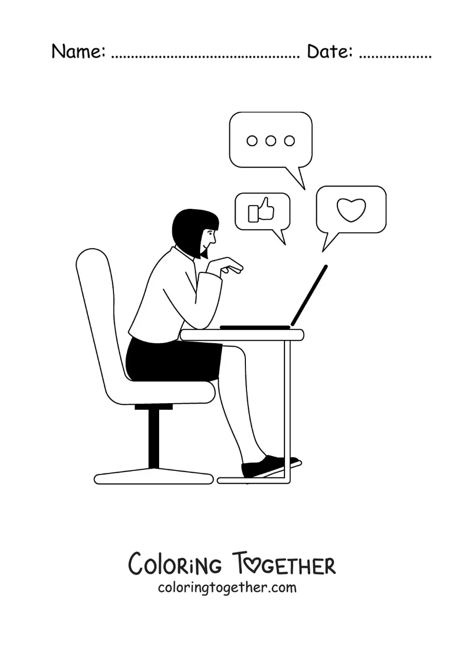 Coloring page of a woman connected to social media on her laptop