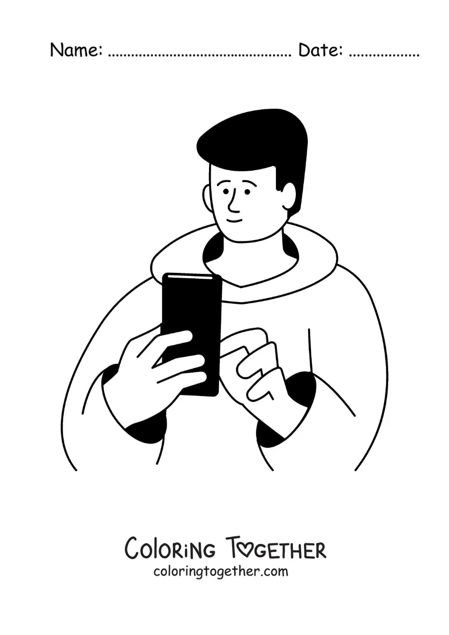 Coloring page of a boy connected to social media on his cell phone