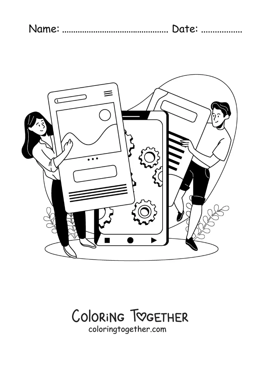 Coloring page of two young people using social media as a communication medium