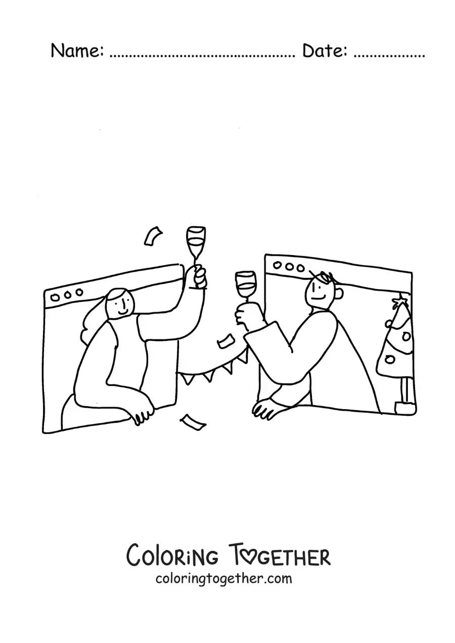 Coloring page of a cartoon of two people communicating remotely by video call